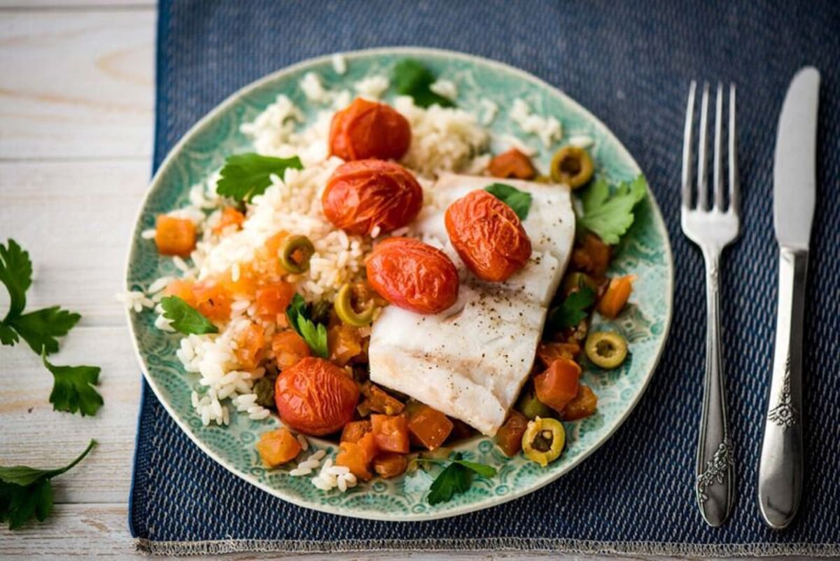 Pescado Veracruz with Olive Ragout, Burst Tomatoes, and Basmati Rice ...