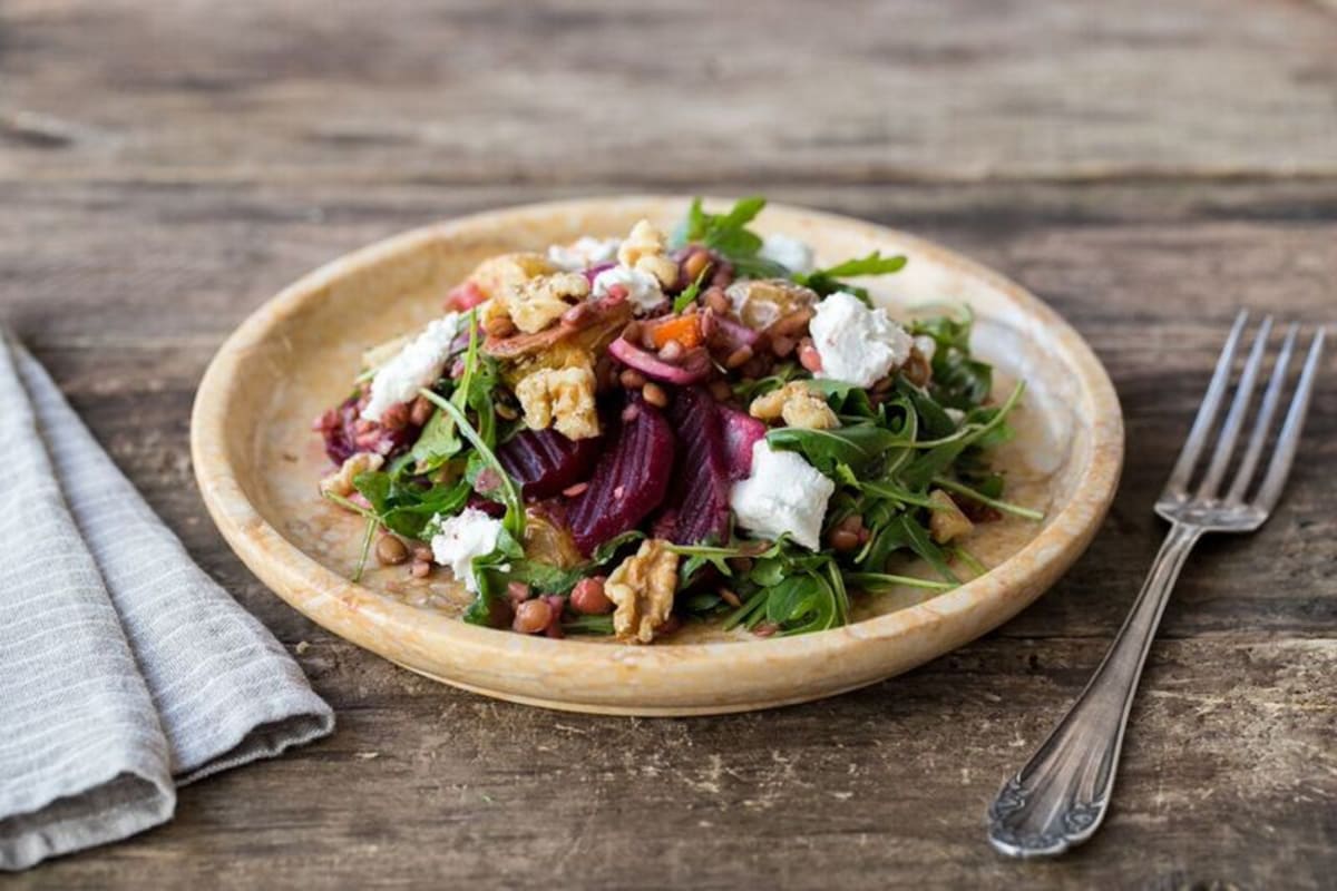 Roasted Beet and Lentil Salad with Feta Cheese, Arugula, and Walnuts