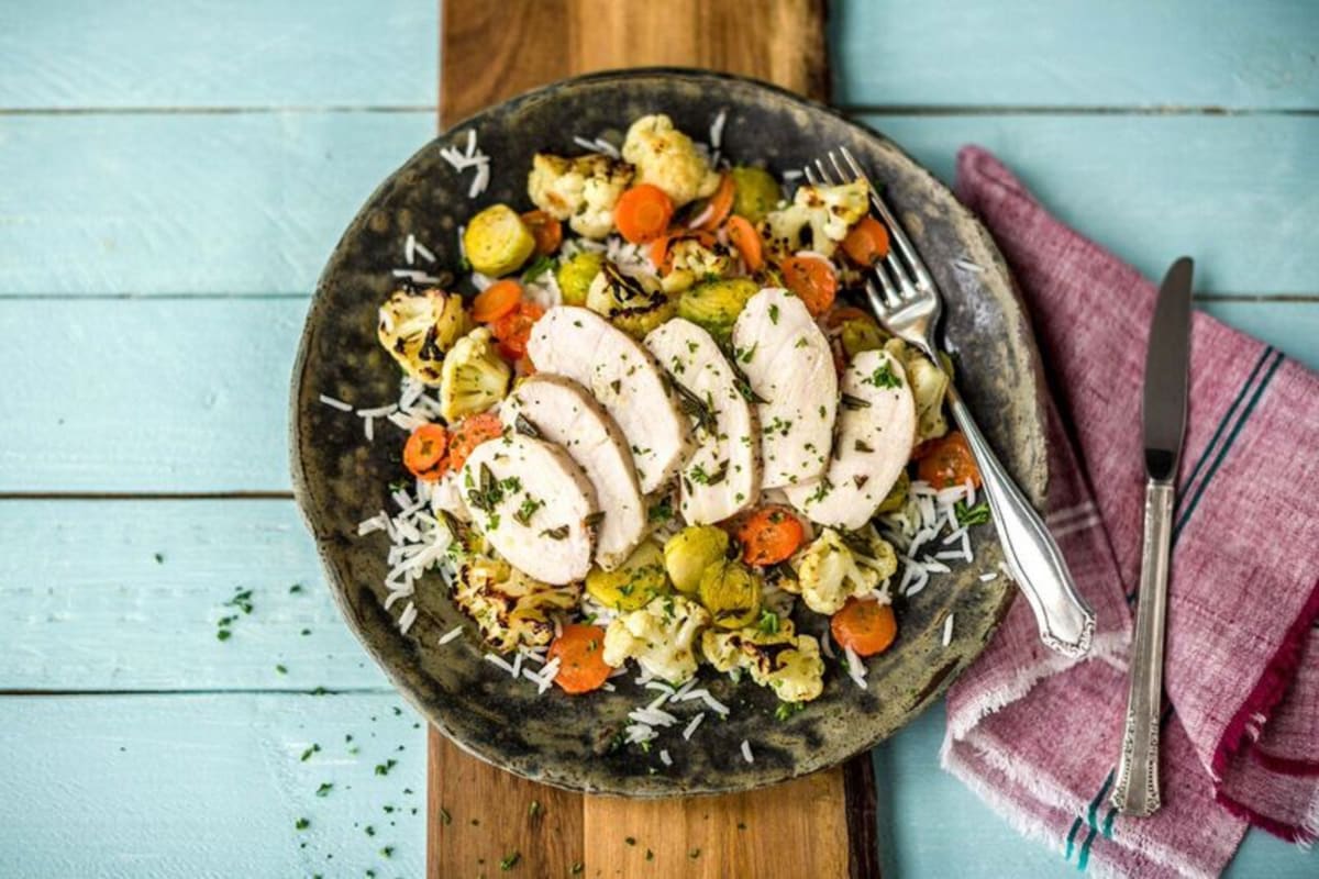Oven-Roasted Chicken with Winter Vegetables, Basmati Rice, and Lemon-Thyme Pan Sauce