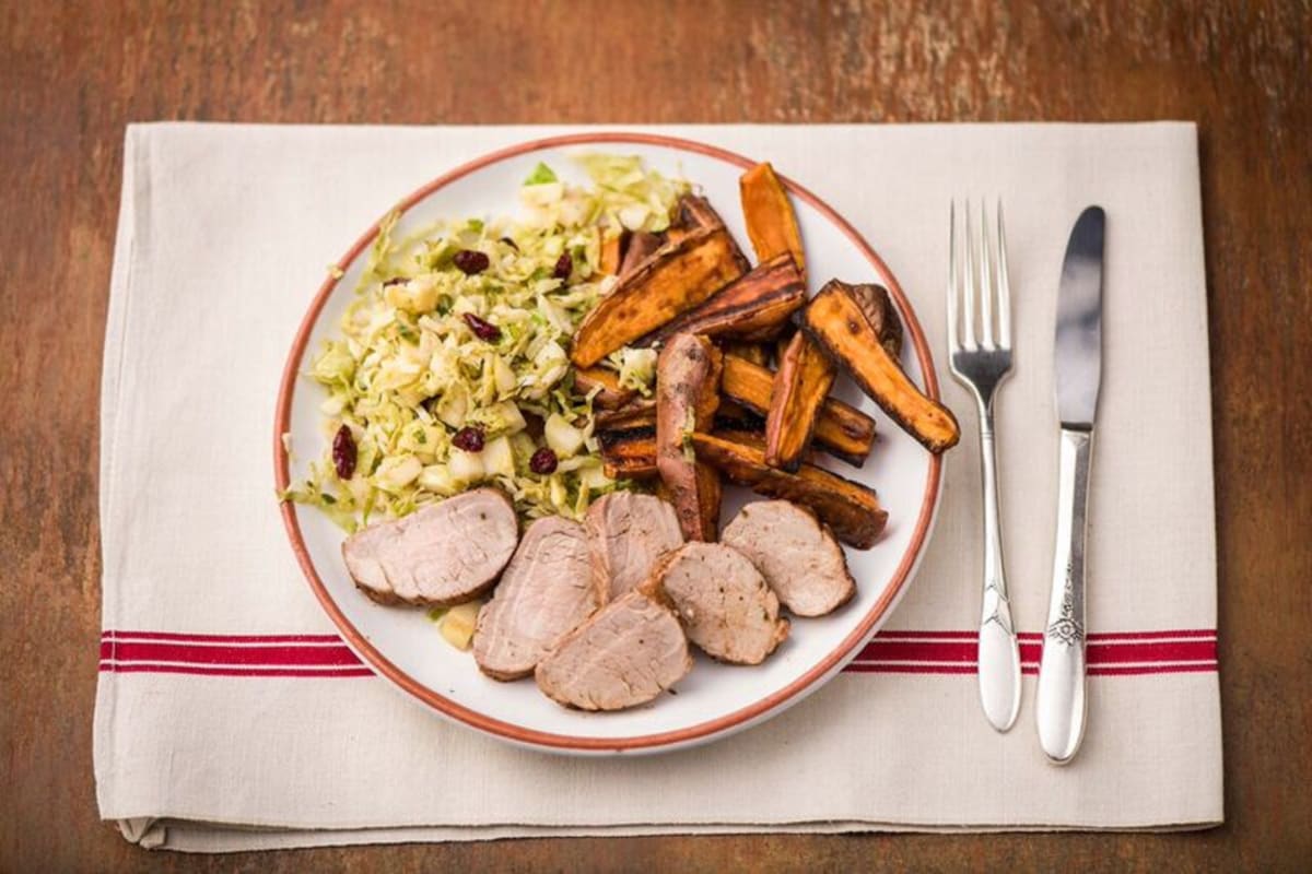 Brown-Sugar Glazed Pork Tenderloin with Sweet Potato Wedges and Brussels Sprout-Apple Hash