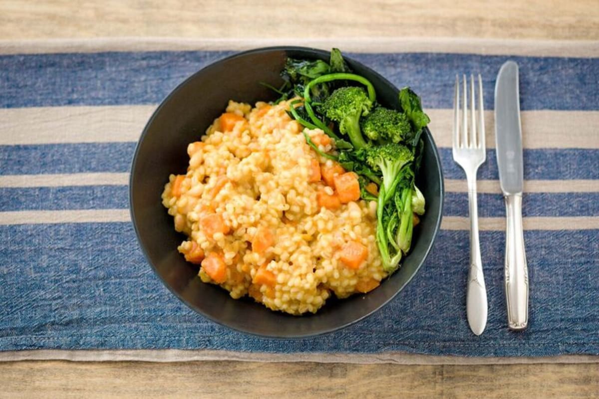 Creamy Barley & Sweet Potato Risotto with Lemony Broccolini and Parmesan