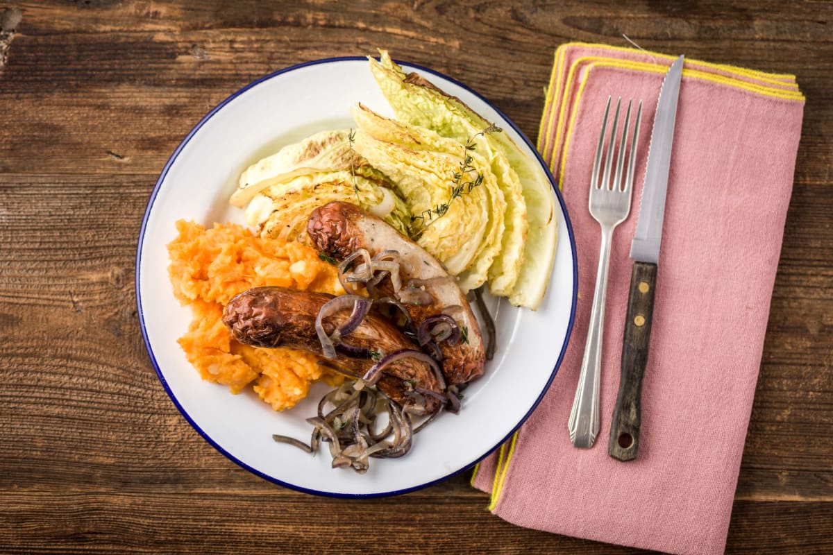 Honey Mustard Sausages, Sweet Potato Mash & Red Onion Gravy