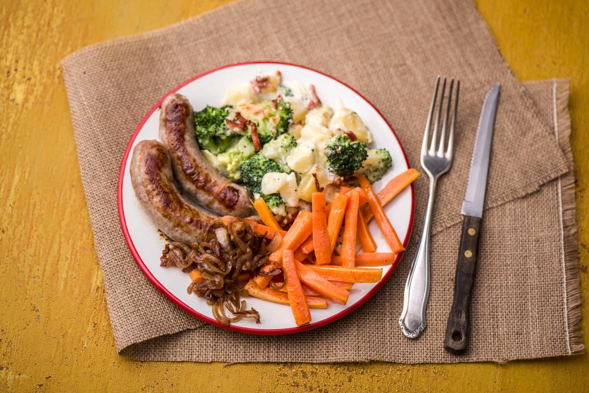 Sausages with a Broccoli and Potato Gratin