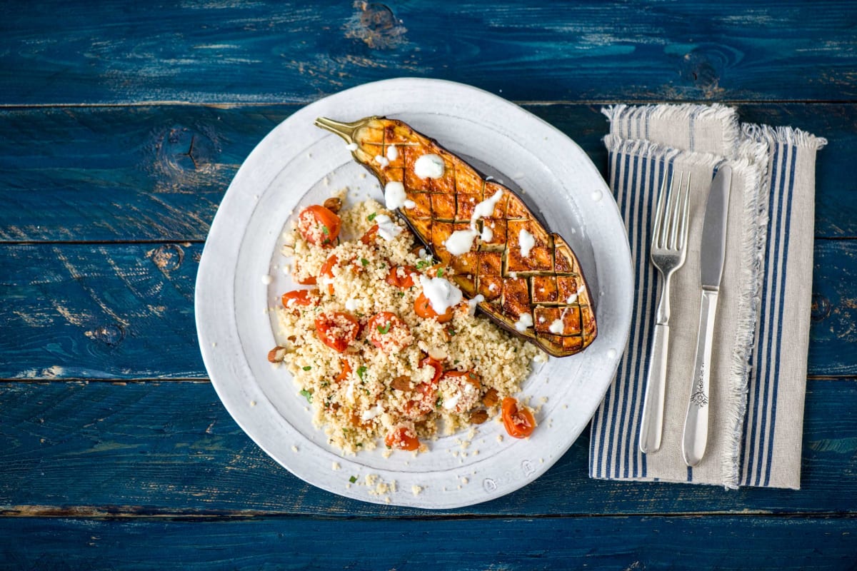 Harissa Eggplant with Tomato & Almond Couscous