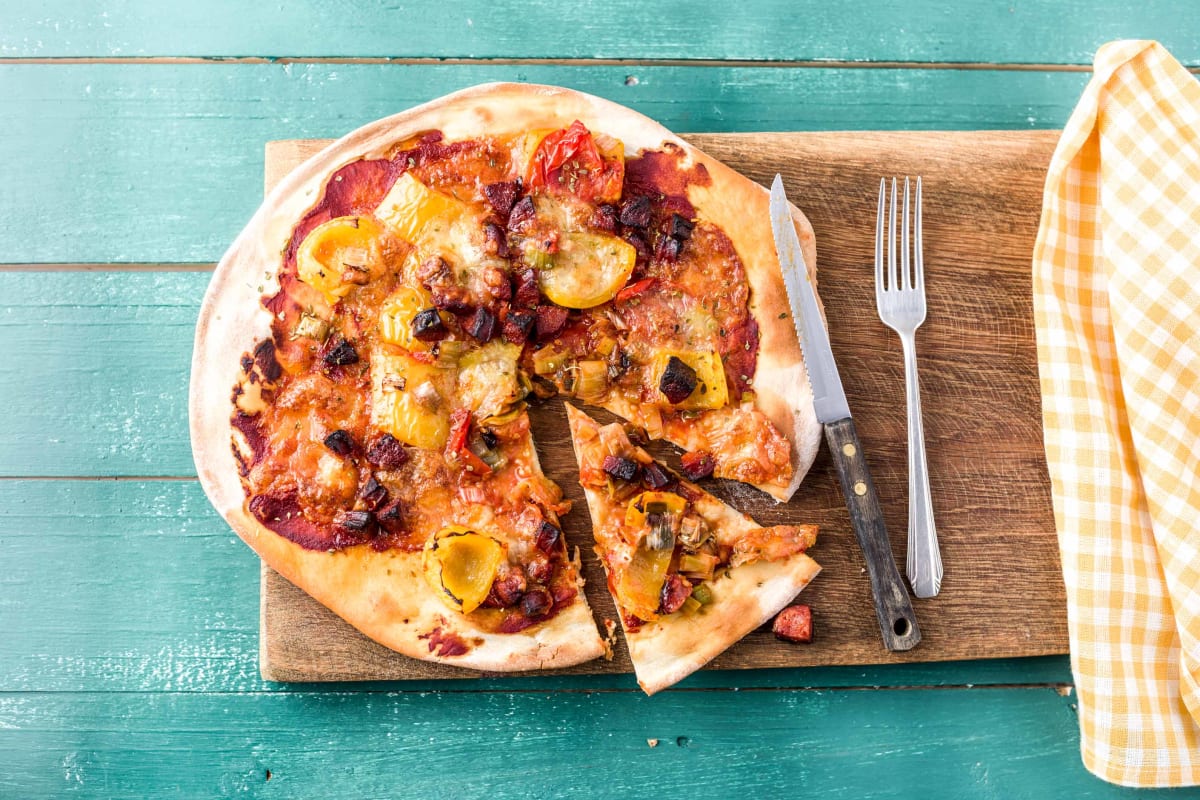 Homemade Vegetable-Packed Smoky Chorizo Baking Tray Pizza
