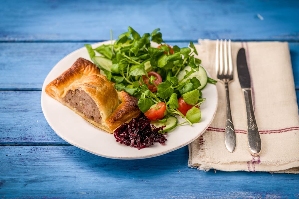 Sausage en Croute with Homemade Red Onion Marmalade