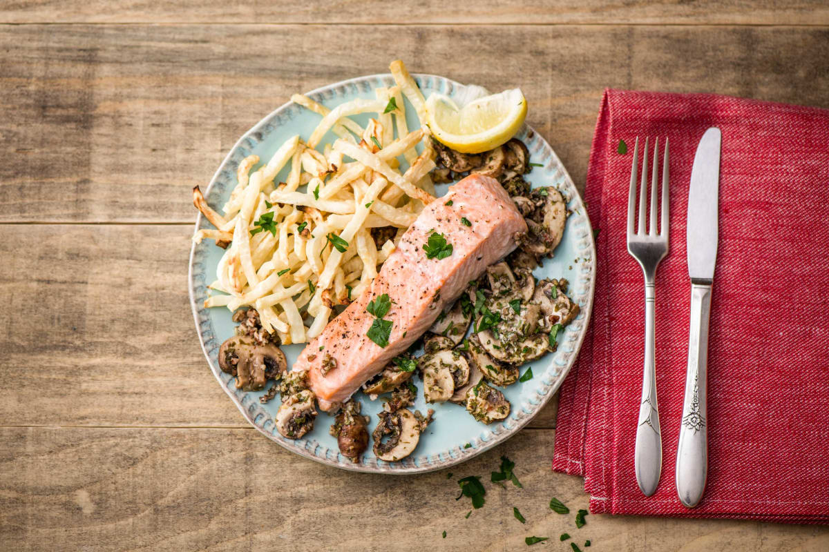 Salmon on a Bed of Walnut-Herby Mushrooms