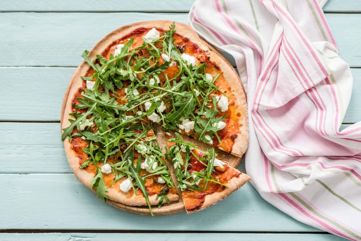 Homemade Caramelised Red Onion, Goat’s Cheese and Rocket Flatbread Pizza
