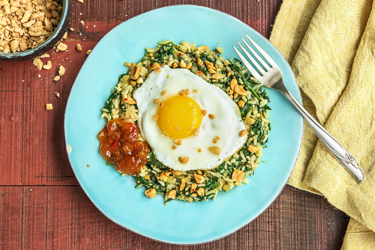 Nasi met mangochutney en spiegelei