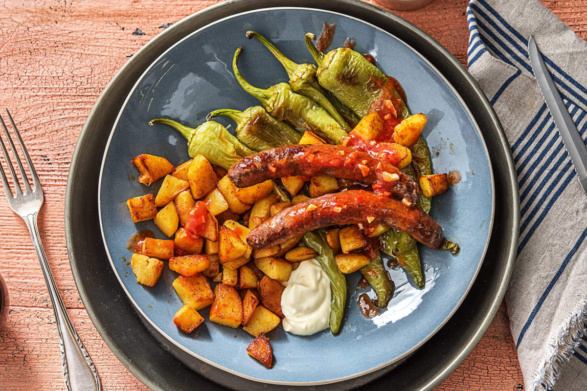 Patatas bravas met rundermerguezworstjes