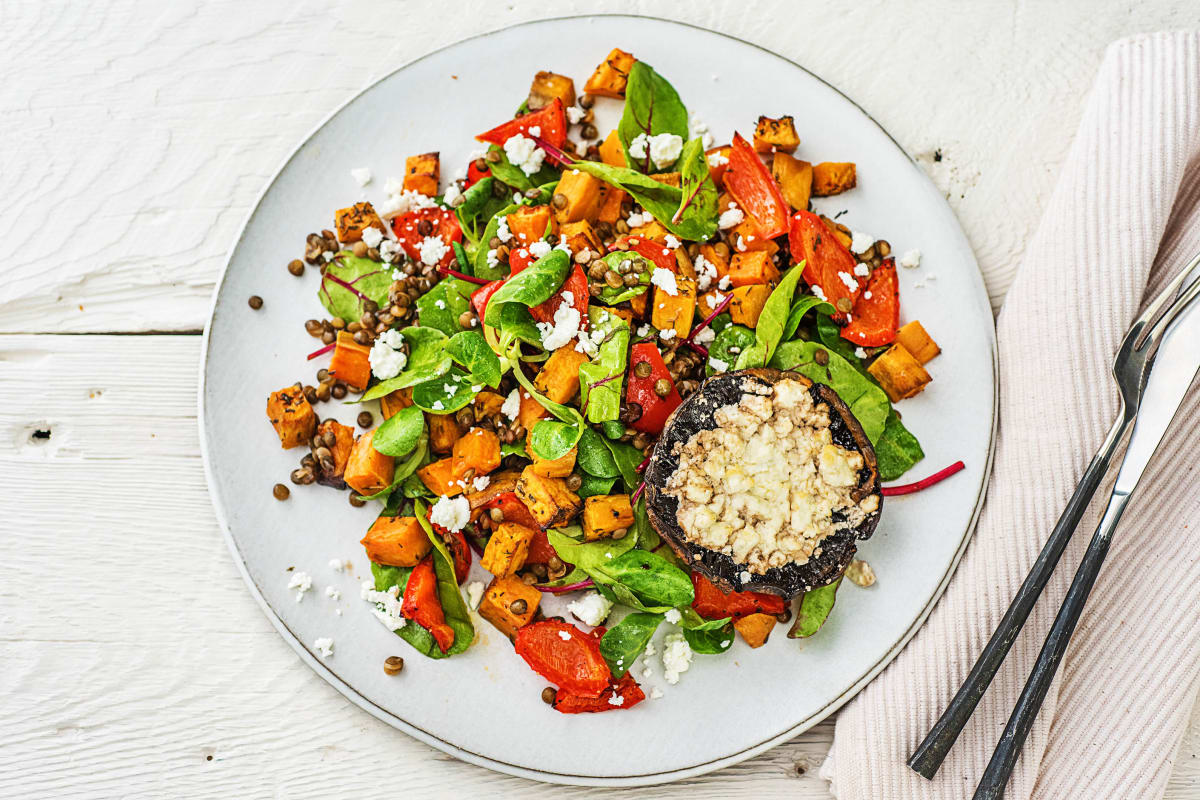 Gevulde portobello met feta en salade