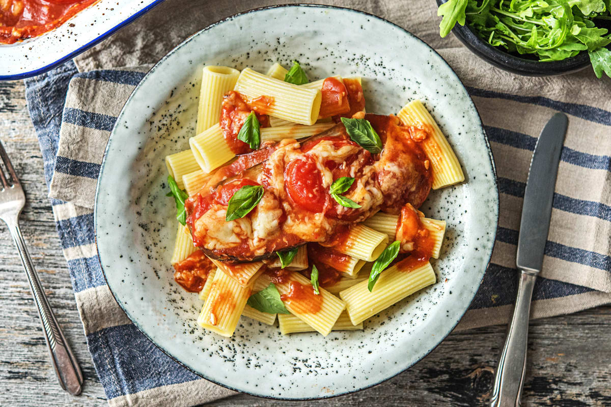 Aubergine uit de oven met rigatoni