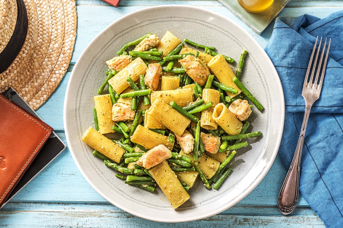 Rigatoni met kipfilet en sperziebonen