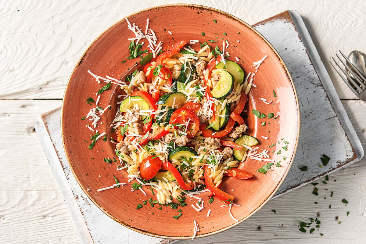 Veggie-Loaded Orzo and Sausage