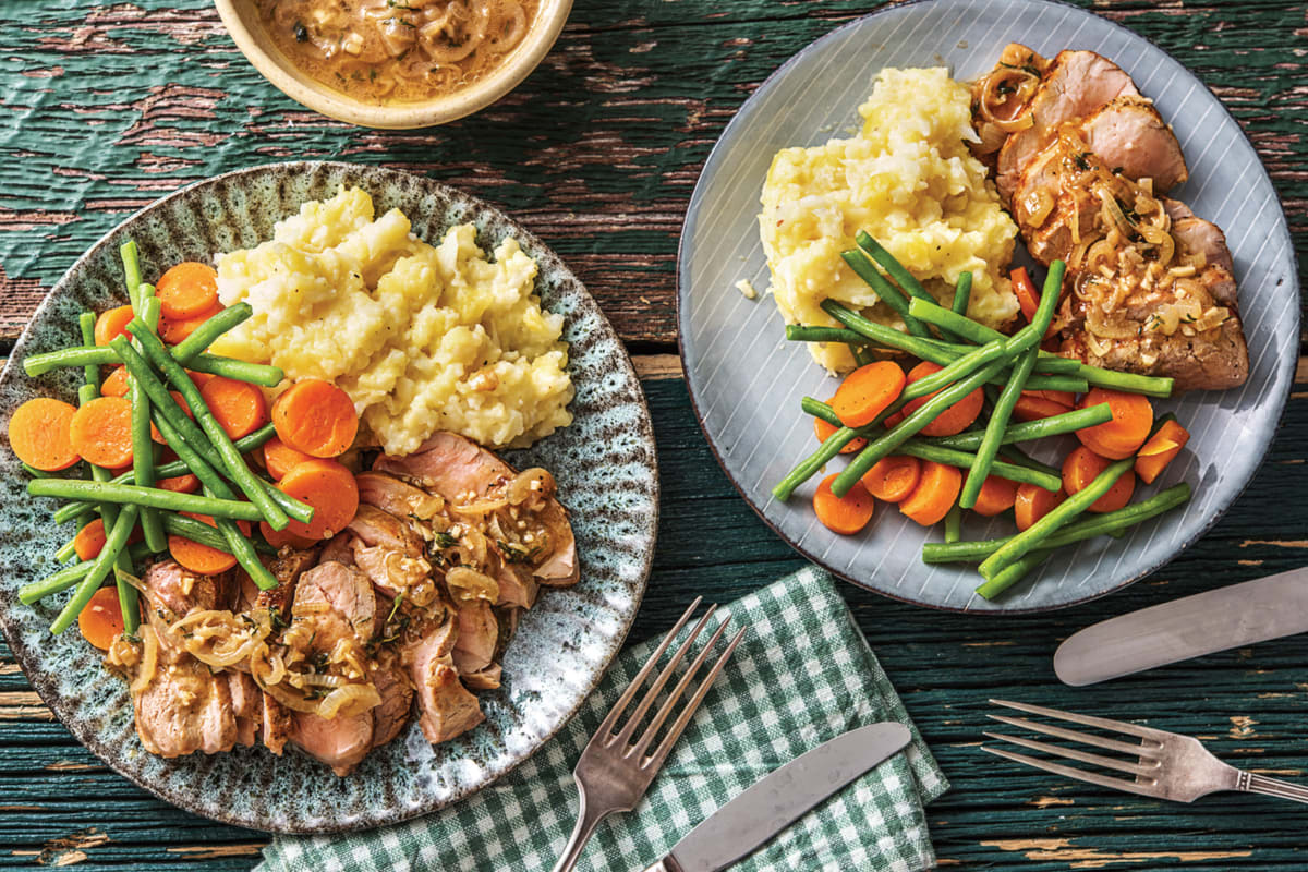 Seared Pork & Cheesy Cauliflower-Potato Mash