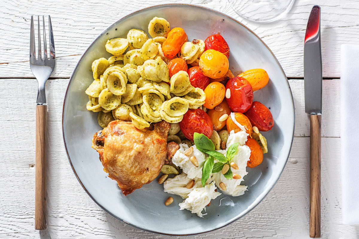 Orecchiette au pesto et poulet confit