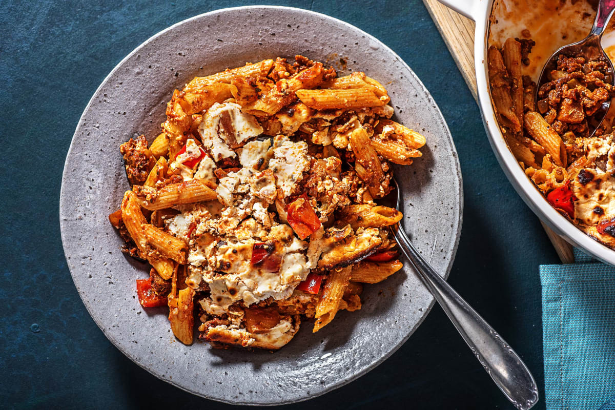 Griekse gehaktschotel met penne