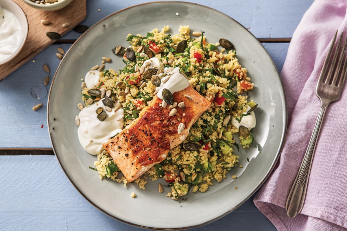 Seared Salmon Couscous Tabbouleh Recipe Hellofresh.