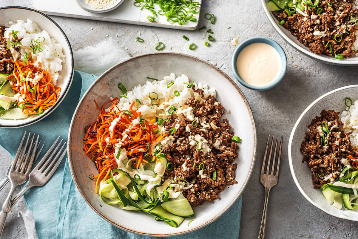 Ground Beef Bulgogi Bowls With Carrots, Cucumber, And Sriracha Crema Over  Jasmine Rice