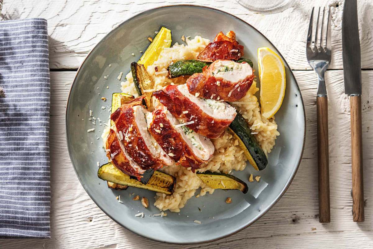 Poulet farci à la ricotta, enveloppé de coppa di parma