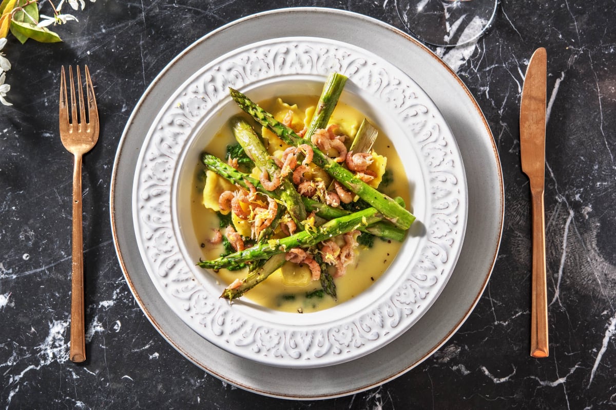 Verse ravioli met Noordzeegarnalen en groene asperges