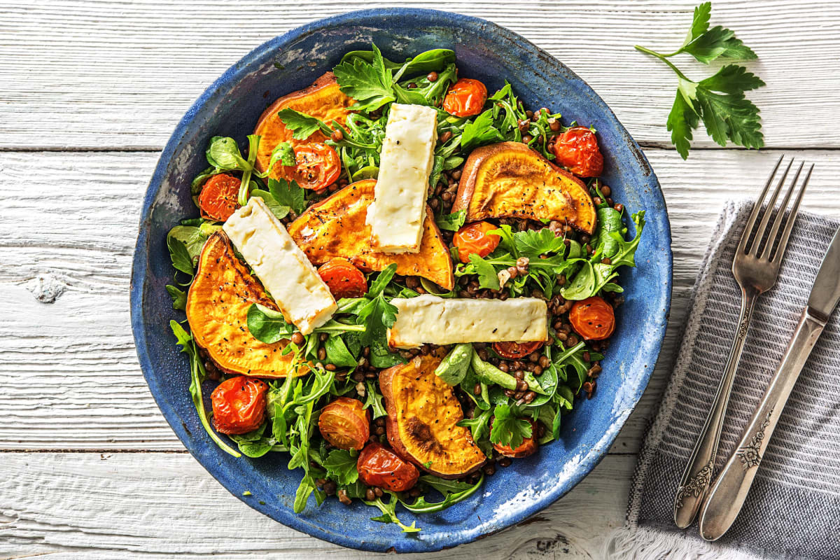 Linzensalade met feta en zoete aardappel