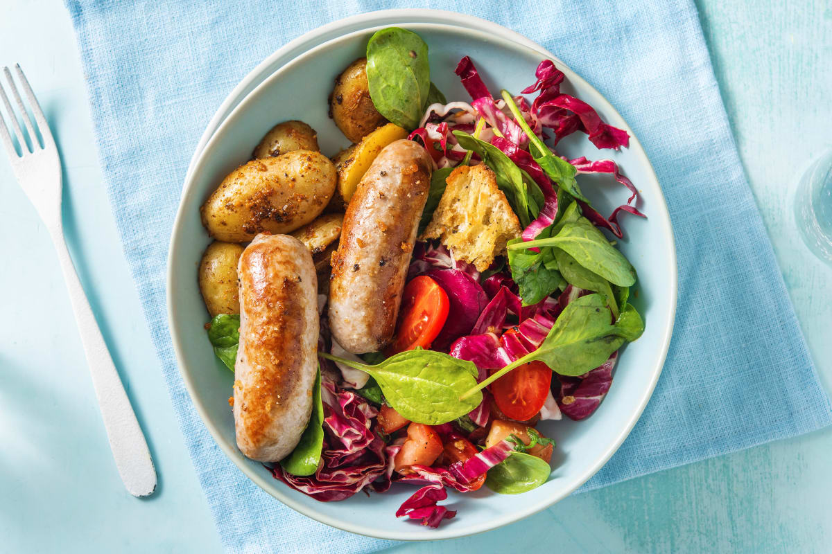 Kipworstjes met Italiaanse panzanella-salade