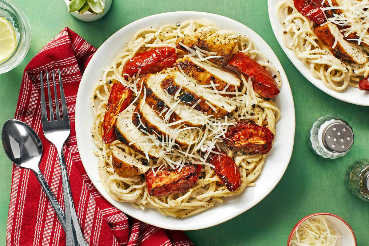 Chicken over Garlic Parmesan Spaghetti