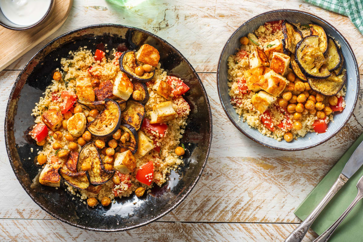 Couscous au halloumi, pois chiches et aubergines