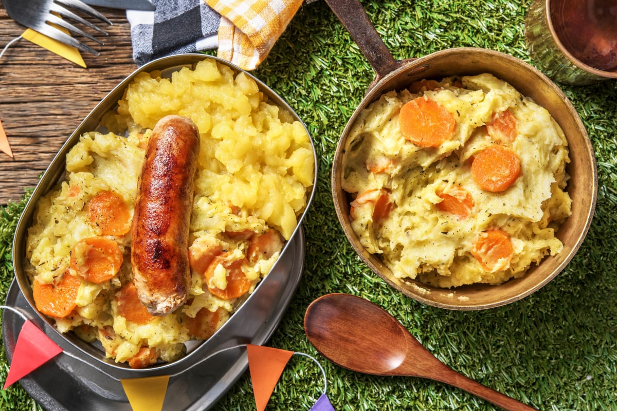 Saucisse de porc, compote de pomme et purée