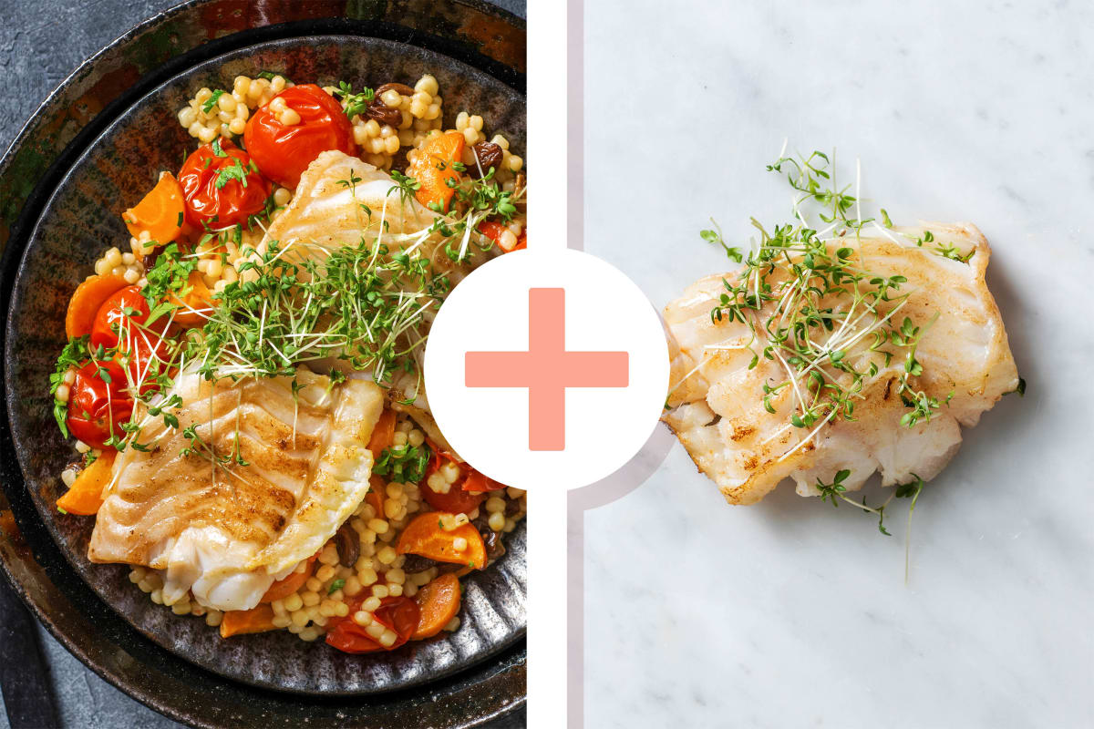 Gebakken kabeljauwfilet met botersaus en parelcouscous