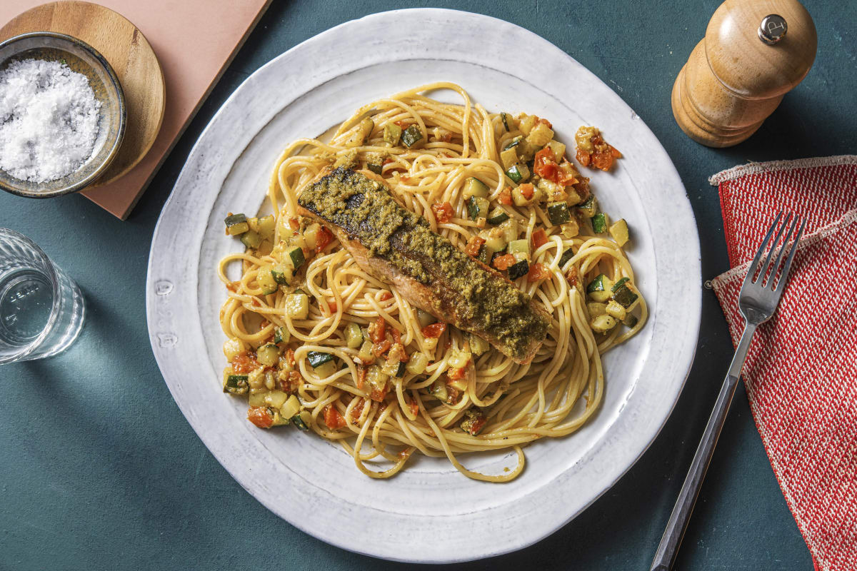 Filet de saumon et spaghetti au pesto