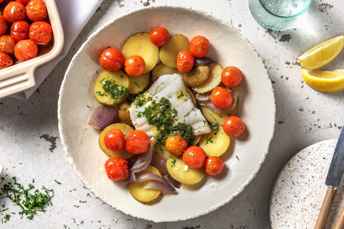 Cabillaud à la méditerranéenne et pommes de terre à l’étuvée