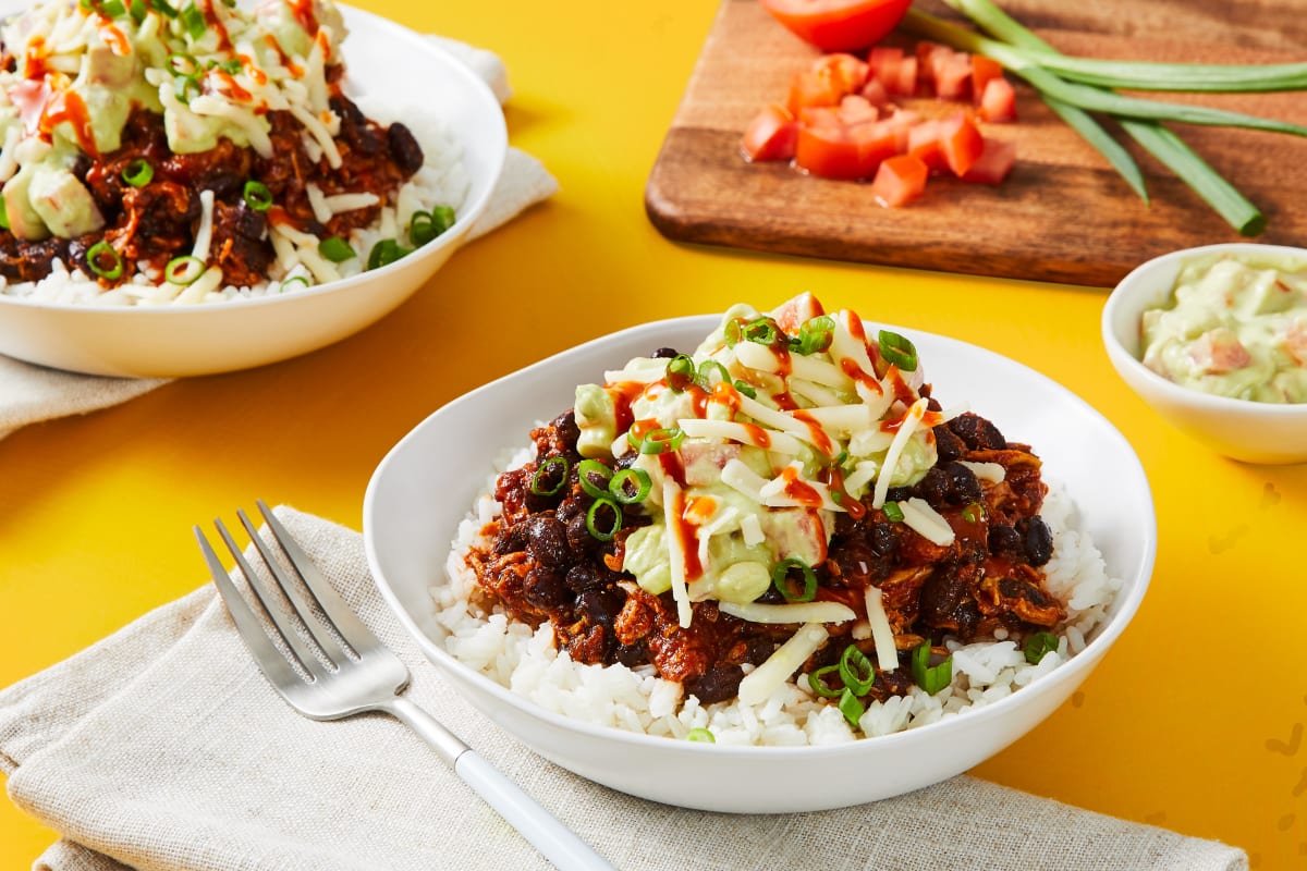 Cheesy BBQ Pulled Chicken Rice Bowls