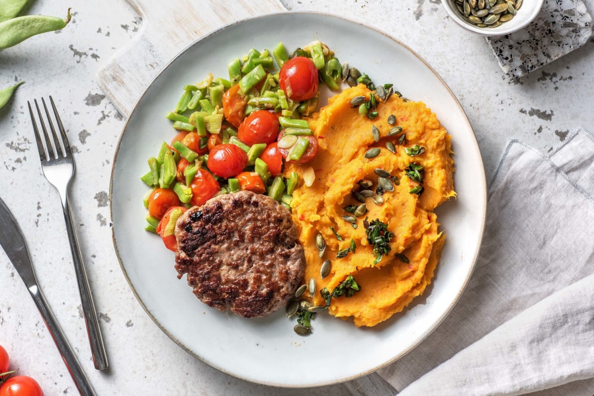 Duitse biefstuk met pittige puree van zoete aardappel