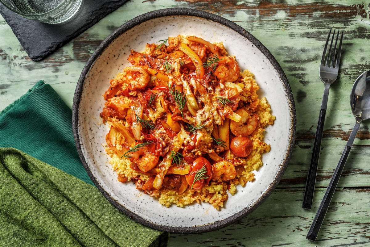 Gegratineerde ovenschotel van garnalen en couscous