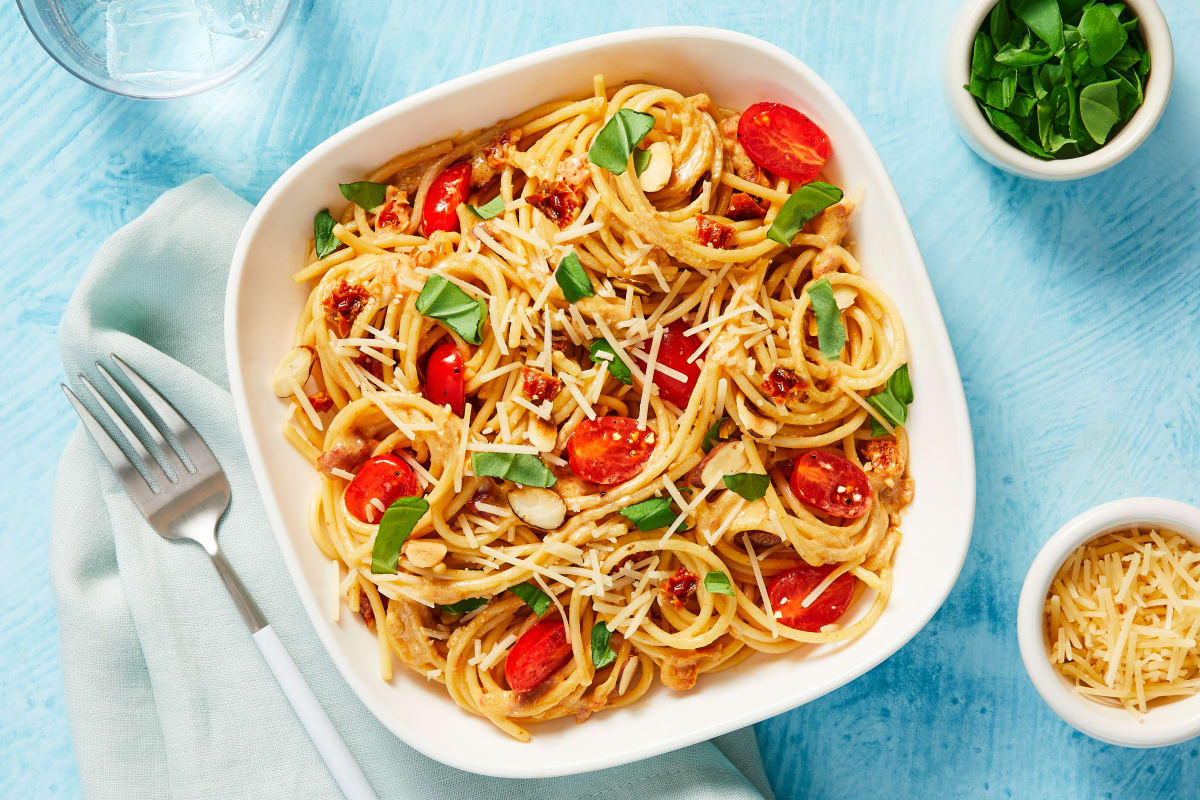 Sun Dried Tomato Basil Spaghetti with Almonds Parmesan