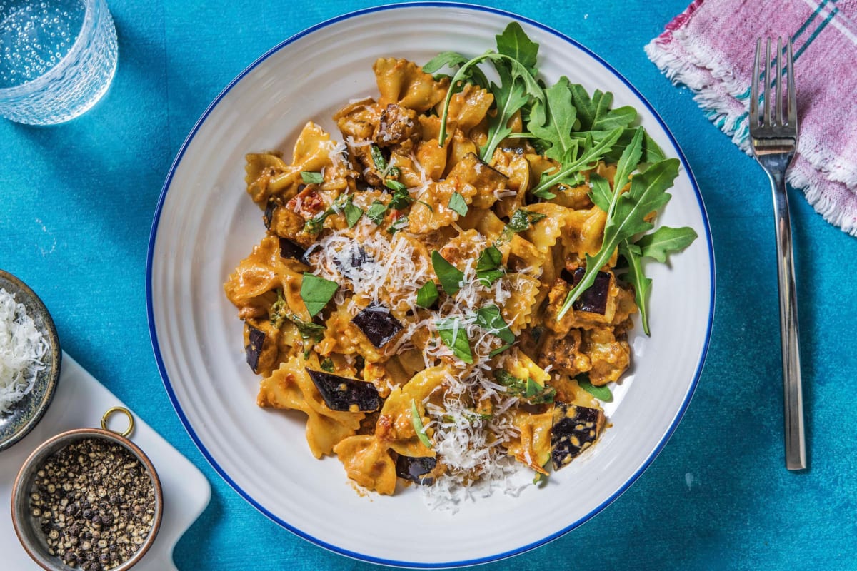 Penne à la crème de tomates séchées et aubergine