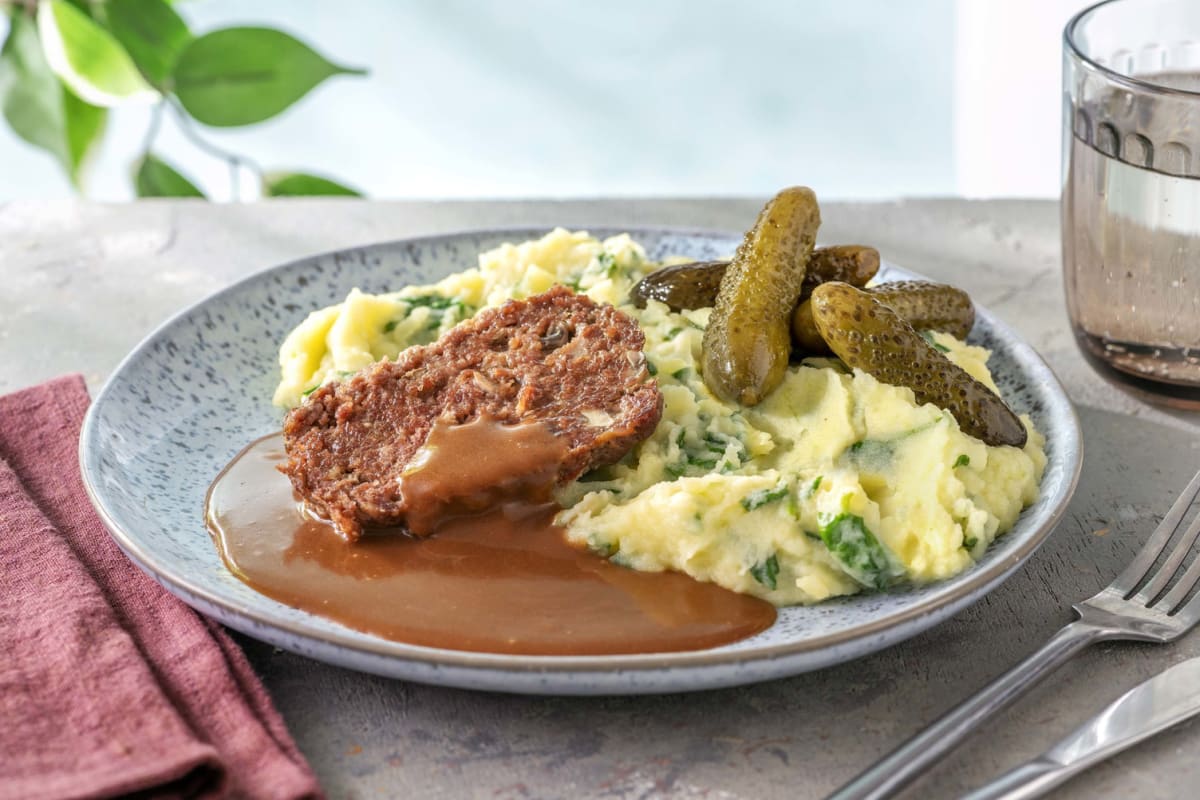 Pain de viande bœuf avec une purée d'épinards Recette HelloFresh