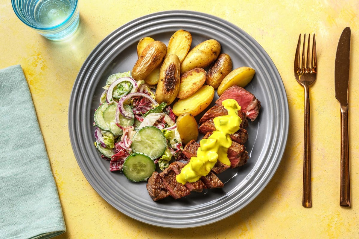 Rumsteak au piccallili et grenailles rissolées