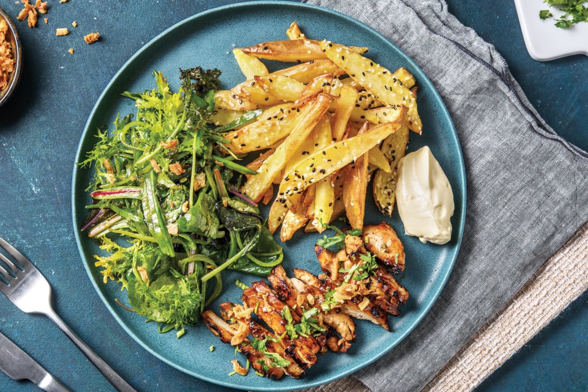 Honey-Soy Glazed Chicken & Sesame Fries with Japanese Snow Pea Salad