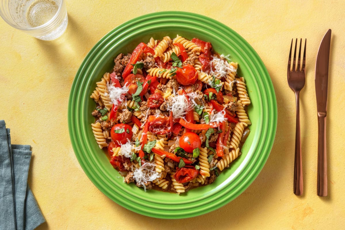 Fusilli express à la viande hachée et tapenade de tomate