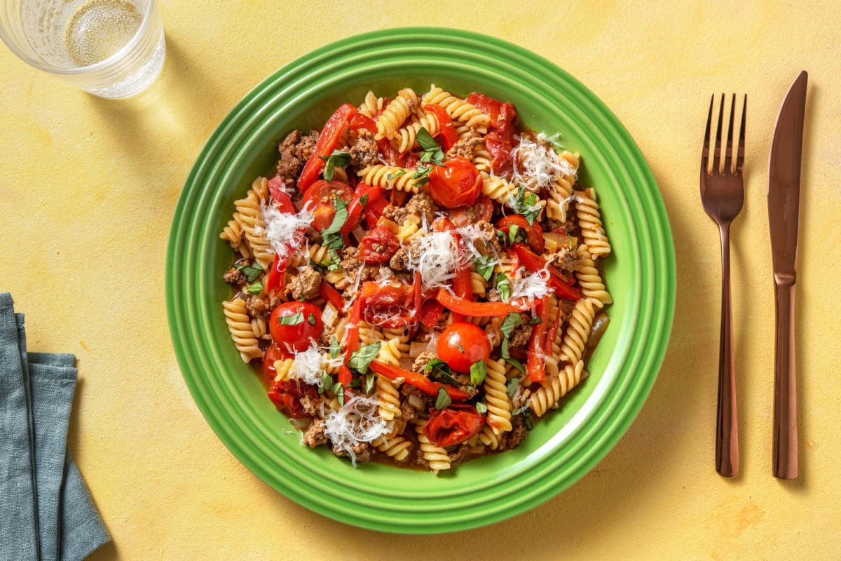 Snelle pasta met gehakt en tomatentapenade