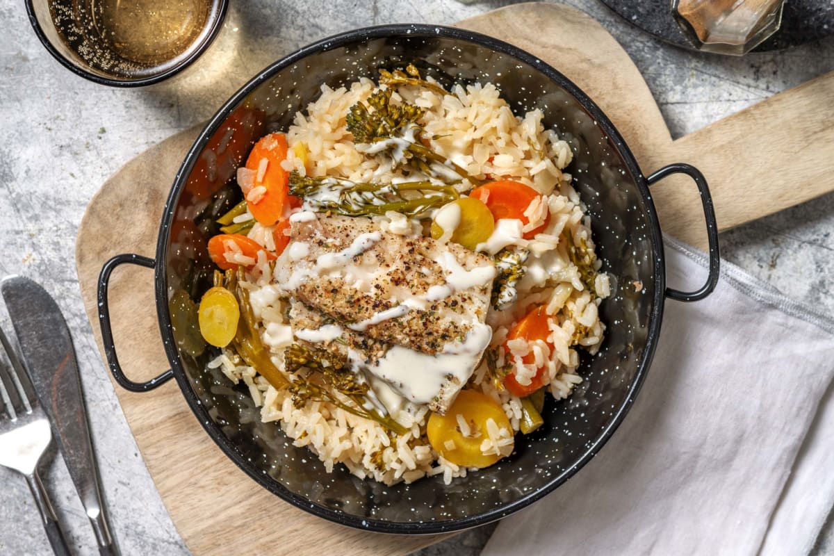 Rijstpilav met gestoomde kabeljauwfilet