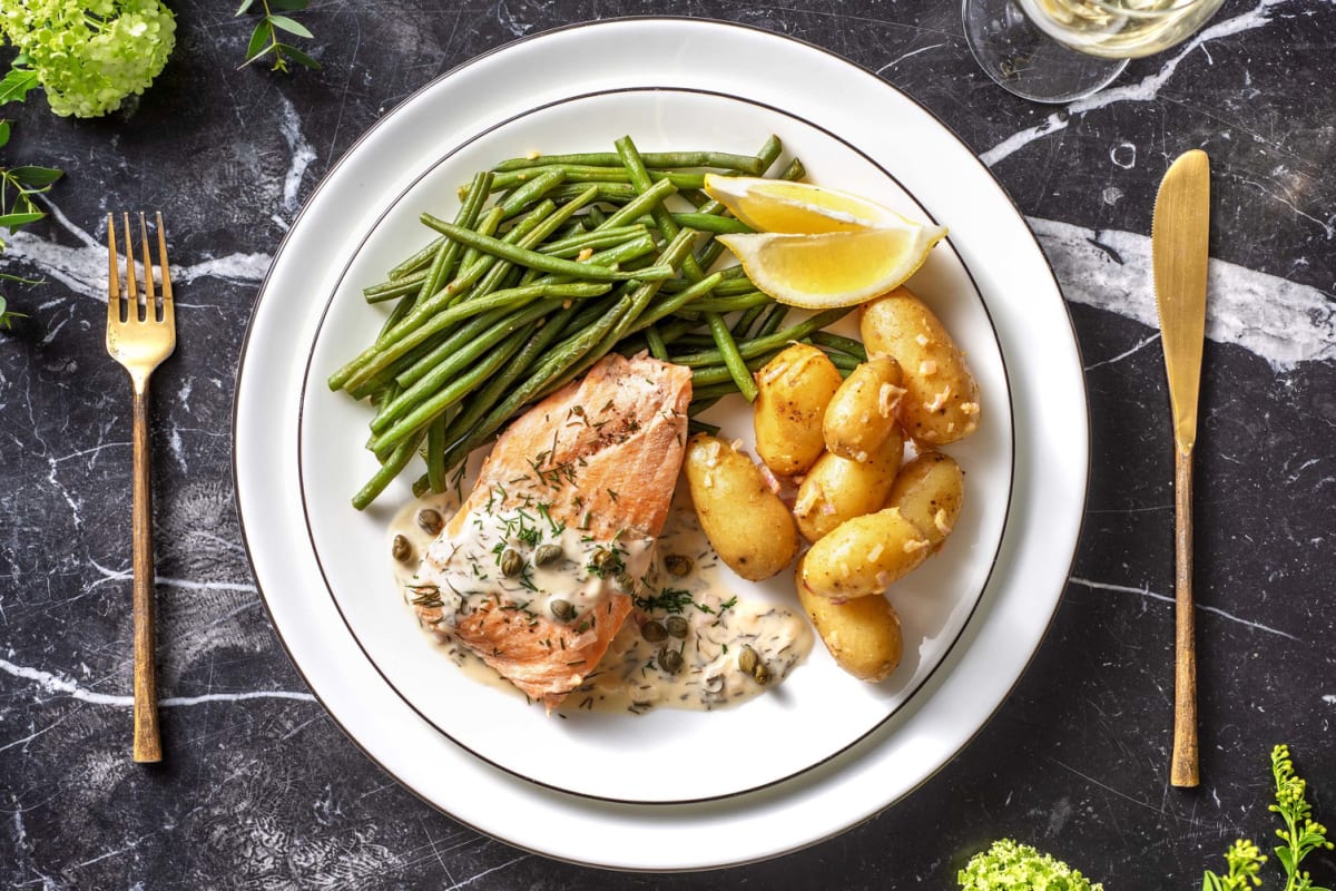 Gepocheerde zalmfilet met sperziebonen