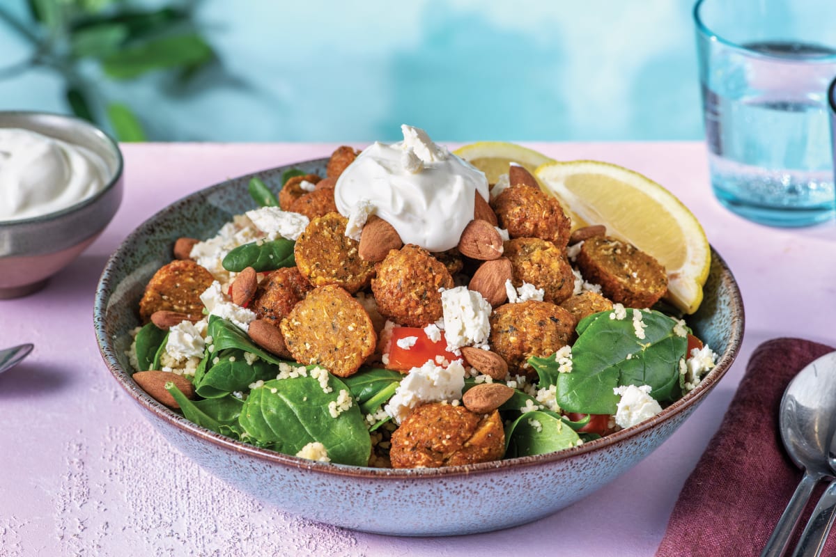 Spinach Falafel Couscous Salad with Creamy Fetta & Almonds