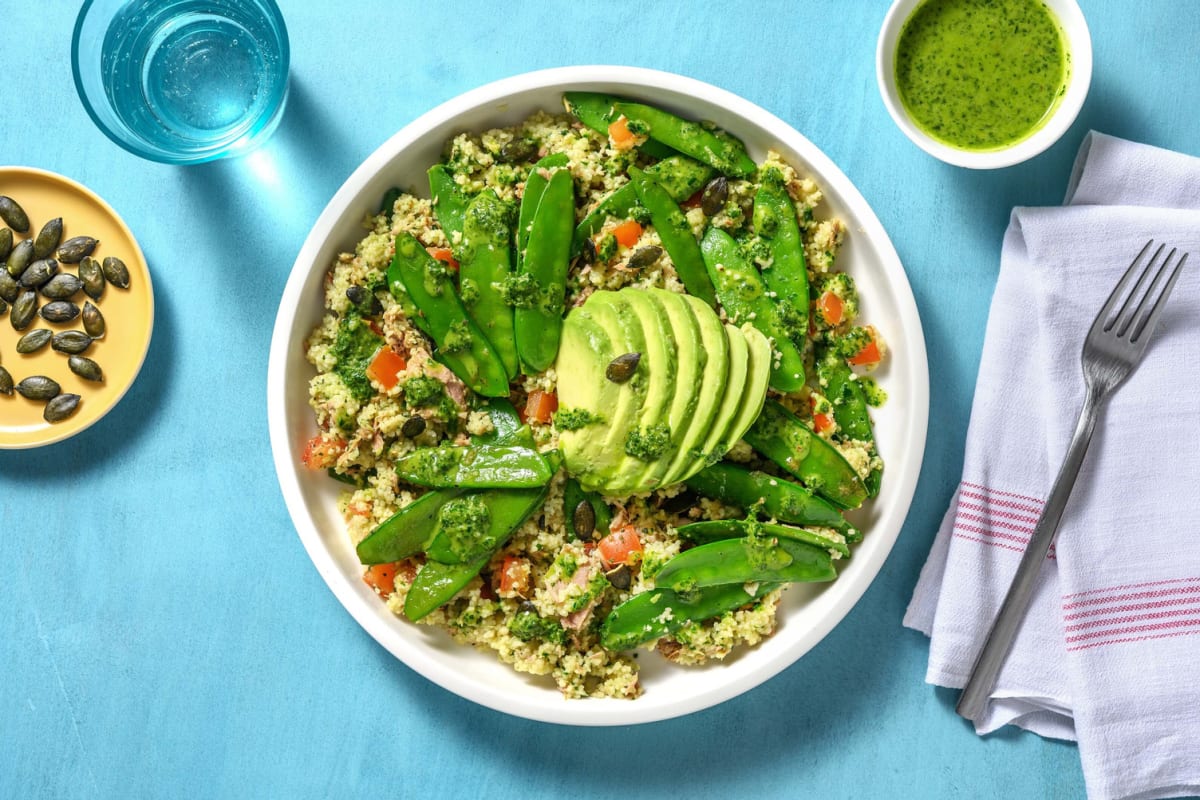 Groene couscous met tonijn en peultjes