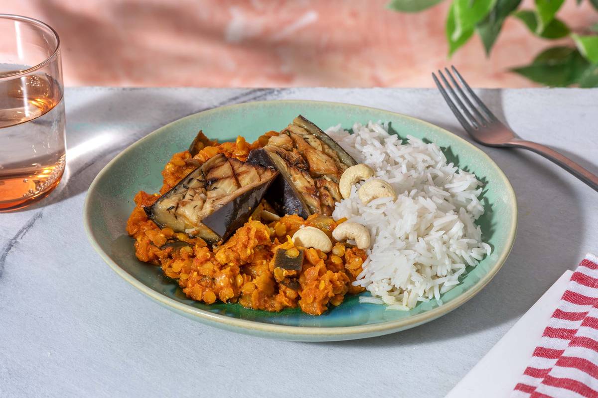 Dahl indien aux lentilles et à l'aubergine cuite lentement