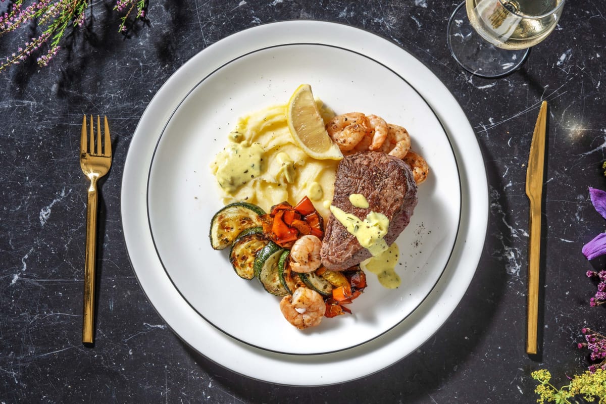 „Surf & Turf“ Rindersteak und Garnelen