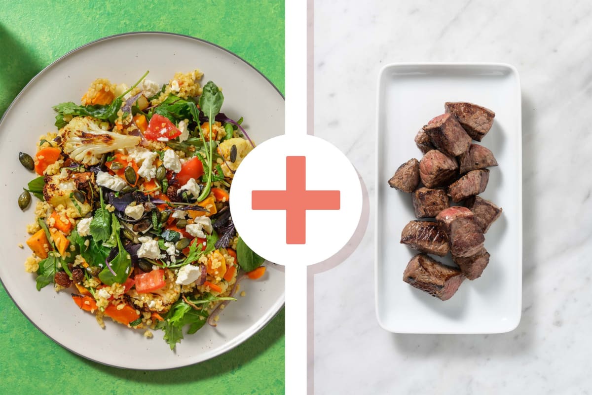 Bulgursalade met biefstukpuntjes als extra